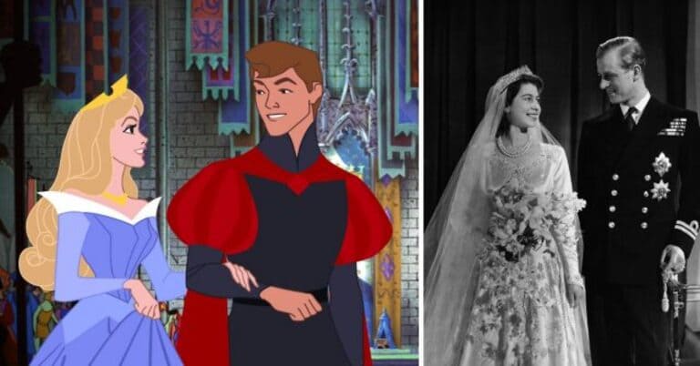 Аврора и принц Филипп в фильме «Спящая красавица» и королева Елизавета II и принц Филипп в день их свадьбы