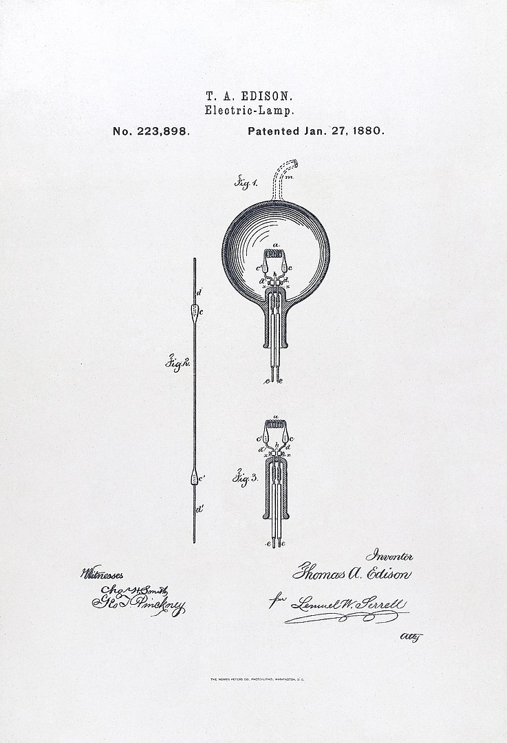 Титульный лист патента Эдисона на электрическую лампу 1880