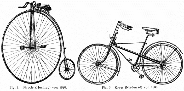 Пенни-фартинг 1880 года (слева), и безопасный велосипед Rover 1886 года